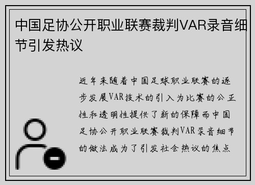 中国足协公开职业联赛裁判VAR录音细节引发热议 中国足协公开职业联赛裁判VAR录音细节引发热议