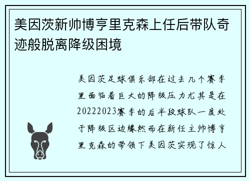 美因茨新帅博亨里克森上任后带队奇迹般脱离降级困境 美因茨新帅博亨里克森上任后带队奇迹般脱离降级困境